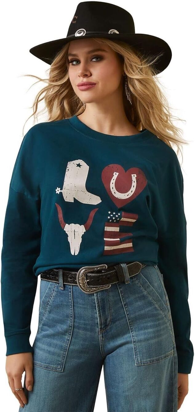 Ariat Love Oversized Graphic Tee Western Rodeo Boots Horseshoes Teal Large NEW
